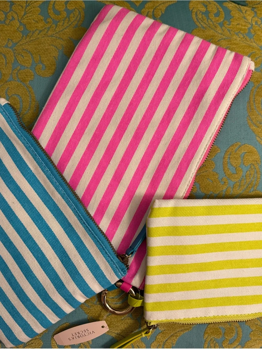 NWT Victoria's Secret Set Of 3 Striped Sequin Pouches - Blue, Pink, Lime Green